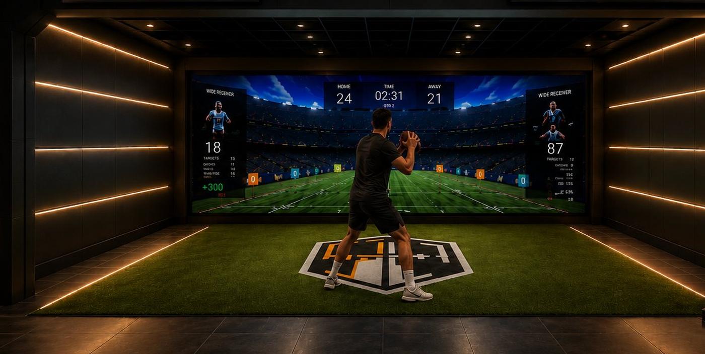 A player lines up a pass inside a Gridiron Social Huddle, facing a curved stadium screen with live targets.